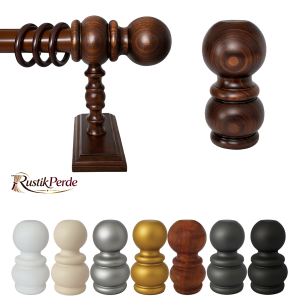 Yuvarlak detaylara sahip, 110x55 mm ölçülerinde; ceviz, meşe, altın, beyaz, krem, gümüş, antrasit ve siyah olmak üzere 8 farklı renk alternatifi bulunan Şah rustik perde başlığı.