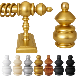 Siyah arka plan üzerinde tüm ışıltısıyla sergilenen, altın rengi ve iki boğumlu badem formunda tasarlanmış rustik perde borusu, duvar ayağı, halkaları ve başlığı. Alt kısmında 8 farklı renk alternatifi de yer alıyor.