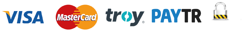 Visa, MasterCard ve Troy kart logoları, PayTR ödeme sistemi amblemi ile birlikte bilgilerin güvende olduğunu belirten SSL güvenlik sertifikası kilit ikonu.