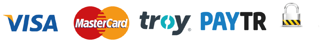 Visa, MasterCard ve Troy kart logoları, PayTR ödeme sistemi amblemi ile birlikte bilgilerin güvende olduğunu belirten SSL güvenlik sertifikası kilit ikonu.